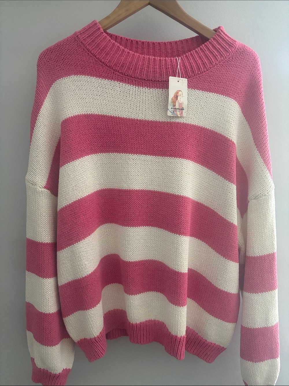 Women's Pink and Cream Striped Crewneck Sweater